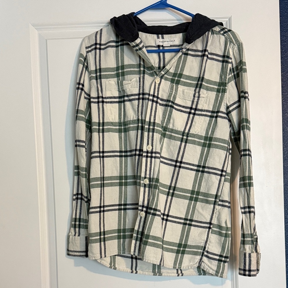 AeropostaleGreen and White Plaid Button Down Shirt with hood